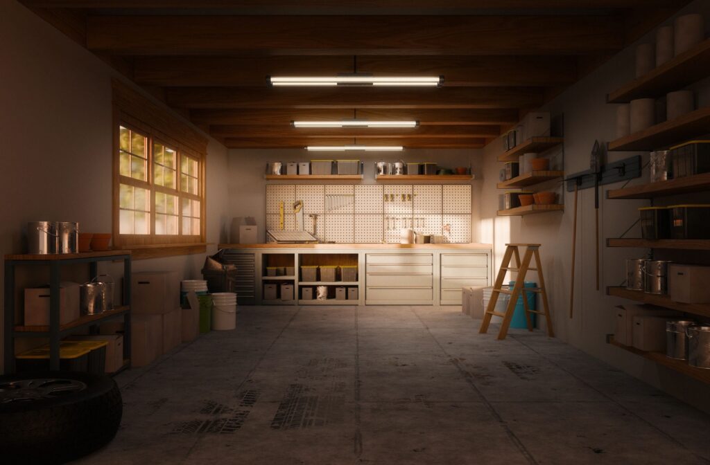 Inside of a garage in the afternoon sun